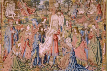 Vlámský gobelín. Řada Umučení Krista: Sestup z kříže (Kruisafneming, Descendimiento de la cruz). Výrobce Pieter van Aelst. Karikaturista Jan van Roome. Přibližně 1507-1520. Detail.