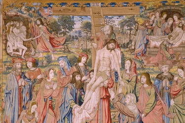 Vlámský gobelín. Řada Umučení Krista: Sestup z kříže (Kruisafneming, Descendimiento de la cruz). Výrobce Pieter van Aelst. Karikaturista Jan van Roome. Přibližně 1507-1520. Detail.
