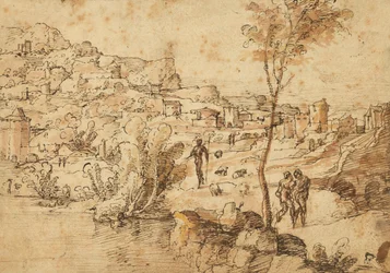 Krajina s pastýři u řeky a městem za řekou (recto); figurální studie a římské ruiny (verso)