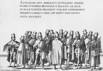 Skupina trubačů ve smutečním průvodu císaře Karla V., 1559