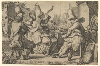 Dva elegantně oblečení muži a žena v zahradě, 1613-41.