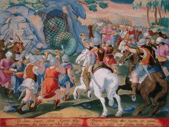 Chytání egyptského hada do sítě, deska 45 z „Venationes Ferarum, Avium, Piscium“ (Lovu: Divoká zvířata, ptáci, Ryby), vyrytý Jan Collaert (1566-1628), vydal Phillipus Gallaeus z Amsterdamu (ručně kolorovaná rytina )