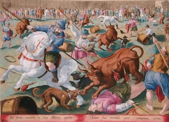 Hromadná korida v ohradě, deska 18 z „Venationes Ferarum, Avium, Piscium“ (Lovu: Divoká zvěř, ptáci, ryby) vyrytý Janem Collaertem (1566-1628), vydaný Phillipusem Gallaeem z Amsterdamu (ručně kolorovaná rytina)