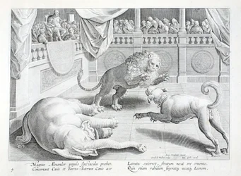Alexandr Veliký nasadil podívanou, souboj lva, psa a slona, ilustrace z 