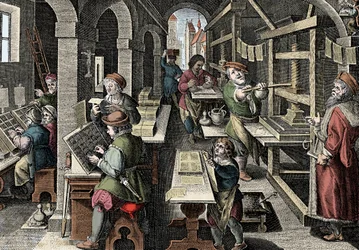 Tiskárna, c1600 - Holandsko, Tisk: vlevo znaky používají znaky, různé fáze přípravy tisku pod dohledem hlavního tiskaře - Rytina z „Nova Reperta“ od Giovanniho Stradana (Jan Van Der Straet) (Johanne