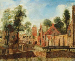 Pohled na holandské město, údajně Sukiennice, Delft (olej na plátně)