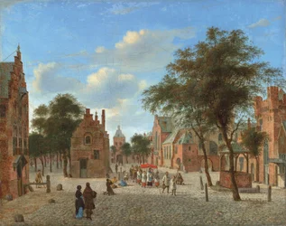 Pohled na náměstí s procesím během svátku Božího těla a postavami klečícími před hostií, asi 1637-1712 (olej na plátně)