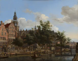 Pohled na Oudezijds Voorburgwal s Oude Kerk v Amsterdamu