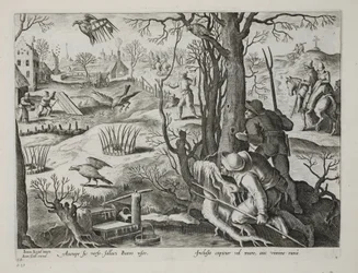 Lovci ptáků používající pasti s návnadou na krysy k odchytu jestřábů, deska 64, ilustrace z knihy "Venationes, Ferarum, Avium, Piscium" (O lovu: divoká zvěř, ptáci, ryby), vyryl Jan Collaert (1566-162).