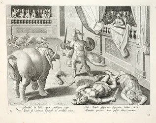 Hannibal nutí poražené Římany bojovat mezi sebou, ilustrace z knihy "Venationes, Ferarum, Avium, Piscium" (O lovu: divoká zvěř, ptáci, ryby), vyryl Jan Collaert (1566-1628), vydal Phillipus