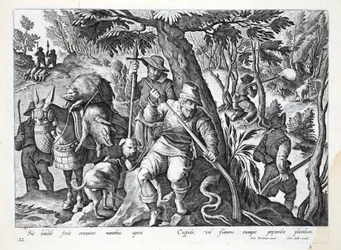 Lovci používají k lovu divočáků oštěpy nebo zbraně nabité olovem, ilustrace z knihy "Venationes, Ferarum, Avium, Piscium" (O lovu: divoká zvěř, ptáci, ryby), vyryl Jan Collaert (1566-1628),