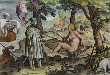 Vespucci Discovering America, deska 2 z „Nova Reperta“ (Nové objevy), vyryto Theodorem Gallem (1571-1633) kolem 1600 (pozdější kolorování)