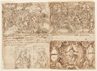 Nahoře vlevo: zalesněná krajina s Eliášem probuzeným a živeným andělem na hoře Horeb (1. Královská 19:5-6); Nahoře vpravo: Banket krále Ahasvera (Ester 1:1-6) Vpravo dole: Kristus obklopený úhly s Arma Christi; Dole vlevo: Annunciatio