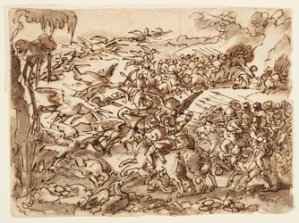Recto: Bitva mezi Pygmejmi a jeřáby; Verso: nápis týkající se přírodní historie Plinia Staršího, kniha 7, kap. 2