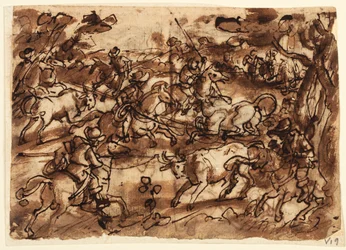 Recto: Hon na býka s Lassem; Verso, nahoře: Lov na medvědy od Mužů v brnění; Verso níže: Hunting Monkeys by Deception; všechny předběžné návrhy pro sérii Venationes