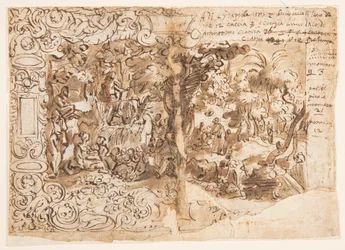 Recto: Tapiserie s kázáním Jana Křtitele (neboli Kristus mezi přihlížejícími); Verso: nápis