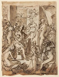 Recto: Zeuxis obraz Helena; Verso: Studie figur pro ilustraci osmého kruhu, desátá bolgia Dantova pekla (Falzifikátory: Mistr Adamo, Sinon z Tróje, Potifarova žena)