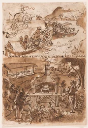 Recto, nahoře: Sbírání bitumenu, z Pliniovy přírodní historie, kniha 35, kap 51; Recto, dole: Chytání nočních můr. Verso, nahoře: Buffalo Hunt; Verso níže: Lov korálů na Sicílii, z přírodní historie Plinia Staršího