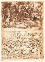 Recto, nahoře: Diana a Actaeon; Recto, dole: Hon na kance; Verso, výše: studie dvou mužských hlav; Verso níže: Setkání Anny a Joachima u Zlaté brány, Obřízka Kristova dítěte