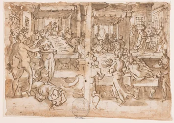 Recto, vpravo: Stětí hlavy sv. Jana Křtitele, Recto, vlevo: Salome daná katem hlavu sv. Jana Křtitele, návrh pl.10 v Životě sv. Jana Křtitele Verso: Alfonsovo tělo Piccolomini (1551 - 1591), sienský psanec Hung i