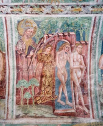 Hrastovlje opevněný kostel, kostel Nejsvětější Trojice, Adam a Eva vyhnaní z ráje (1490), detail z fresek od Janeze Ize Kastva, Slovinsko