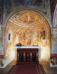 Hrastovlje opevněný kostel, kostel Nejsvětější Trojice, apoštolové (1490), detail z fresek od Janeze Iz Kastva, Slovinsko