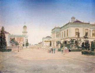 Pohled na hlavní ulici města Yokohama, kolem roku 1890 (ručně kolorovaná fotografie)