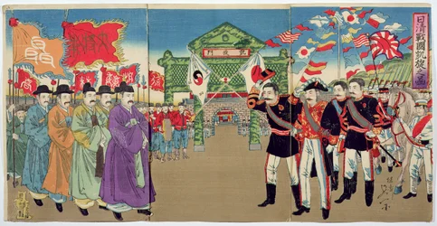 Setkání mezi japonskými důstojníky a korejskými úředníky, epizoda z čínsko-japonské války, konec 19. století (barevný dřevořez)