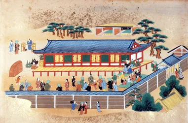 Soutěž v lukostřelbě, ilustrace z „Kaempferovy sbírky japonského a čínského umění“ od Engelberta Kaempfera, kolem roku 1672 (barevné lito)