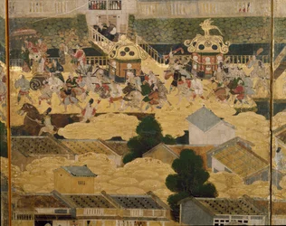 Detail pohledu na Kjóto a okolí (Rakuchu rakugai zu), ca.1616-24 (tuš, barva a plátkové zlato na papíře)