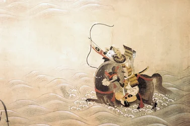Epizoda války Genpei (Gen Pei) (1180-1185): samuraj vyzbrojený lukem a na koni překročí řeku v gue. Japonské umění školy Tosa