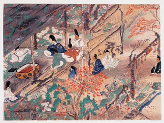 Heian státník a básník Sugawara Michizane (845-903), známý jako Tenjin-San (nebeský duch), v exilu ve svatyni Kitano Tenman-Gu v Kjótu rozděluje oblečení darované někdejším císařem, Fujiwara Nobuzane (1176-1268), Kamakura období (1185-1333), Japonsko