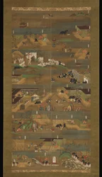 Ilustrovaná biografie prince Sh?toku, závěsný svitek, období Kamakura (1185–1333) (inkoust, barva a zlato na hedvábí)