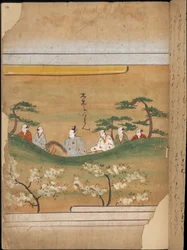 Japonský šlechtic a doprovod, ilustrace z „Taishokkan“ (inkoust a barva na papíře)