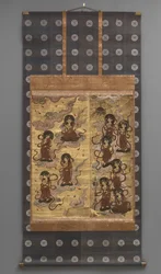 Nástěnná malba: Sestup pětadvaceti bódhisattvové (služebníci triády Amitabha), 18. století (Triptych závěsné svitky: inkoust, barva a zlato list na papíře, mosaz)