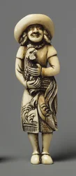 Netsuke modelovaný jako cizinec s kirinem, 19. století (Ivory)