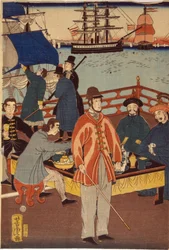 Jeden výtisk triptychu zobrazující evropské obchodníky, kteří se občerstvují Japonci. V pozadí jsou lodě v přístavu Jokohama v Japonsku