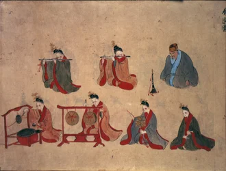 Or.961 fol.5 Sedm sedících hudebníků, z hudebních vystoupení Ryukyu, cca 1800-50 (pero & inkoust a akvarel na papíře)