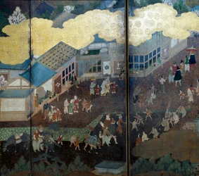 Obrazovka „Portuguese“: zobrazení příchodu portugalských jezuitských misionářů do Japonska v 16. století. Detail. Realizuje Škola Kano (?). 1593-1600. Muzeum starověkého umění v Lisabonu