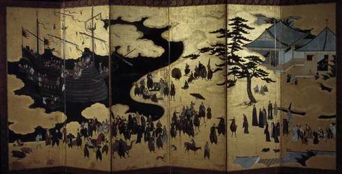 „Portugalské“ plátno představující příchod portugalských jezuitských misionářů do Japonska v 16. století. 1590-1614. Škola Kano (?) Lisabon. Národní muzeum starověkého umění