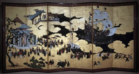 „Portugalské“ plátno představující příchod portugalských jezuitských misionářů do Japonska v 16. století. 1590-1614. Škola Kano (?) Lisabon. Národní muzeum starověkého umění