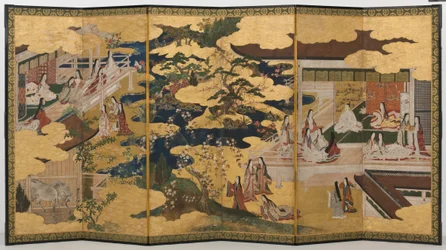 Jaro v paláci, šestinásobné plátno z The Tale of Genji, cca 1650 (inkoust, barvy a zlato na papíře)
