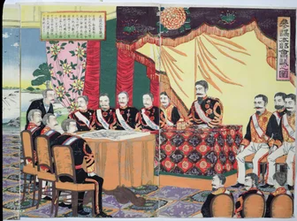 Císař Mutsuhito (1852-1912) pořádá válečnou radu, epizoda z čínsko-japonské války, konec 19. století (barevný dřevořez) (viz také 176841)