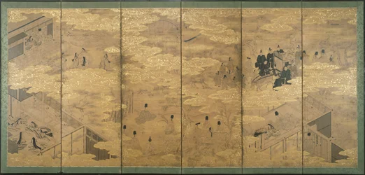 The Tale of Genji, konec 17.-začátek 18. století (inkoust s pigmentem a plátkovým zlatem na slídovém papíře) (pár 171424)