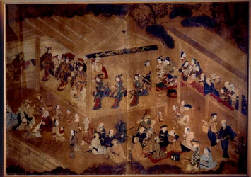 Divadlo kabuki: herci na jevišti; japonský tisk z 18. století, Paříž, Musée Guimet, Národní muzeum asijského umění