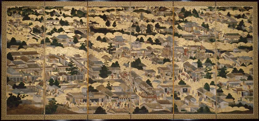 Pohledy na Kjóto a okolí (Rakuchu rakugai zu), cca 1616-24 (tuš, barva a plátkové zlato na papíře)