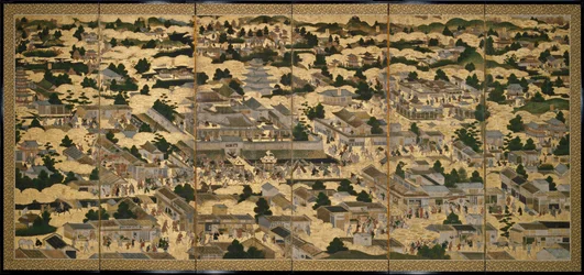 Pohledy na Kjóto a okolí (Rakuchu rakugai zu), cca 1616-24 (tuš, barva a plátkové zlato na papíře)