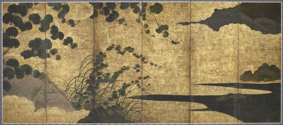 Vinná réva, chýše, trávy a pobřežní ptáci, období Momoyama, 1568-1615 (zlato, inkoust a barva na papíře)