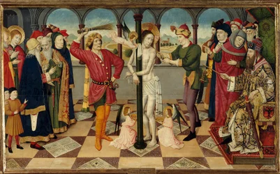 Bičování Krista před Pilátem Pontským. Detrempe na dřevě od Jaume (= Jaime) Hugueta staršího (1415-1492). Ztlumit. 0,92 x 1,56 m.