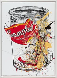 Plechovka na polévku 6 Campbells, 2019 (malba a tuš na plátně)